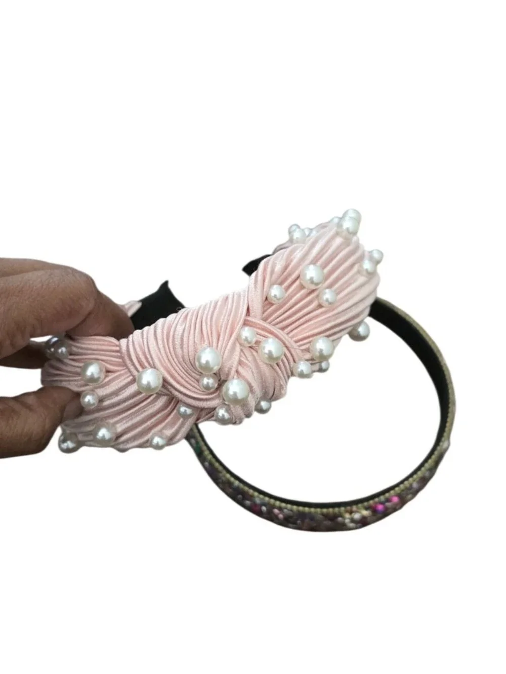 Elegant Pink Pearl Knot Headband & Multicolor Crystal Headband Set